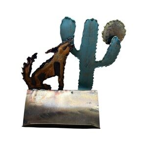 Southwestern Metal Business Card Holder – Coyote, Cactus & Sun Rustic Desk Decor